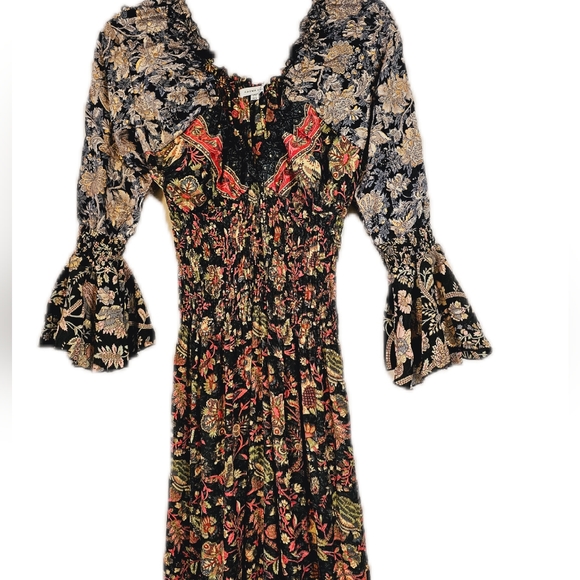 KARMA Hwy Gilded Tiered Ruffle Hem Lg. Dress Red Grn OS NWT - Picture 4 of 15